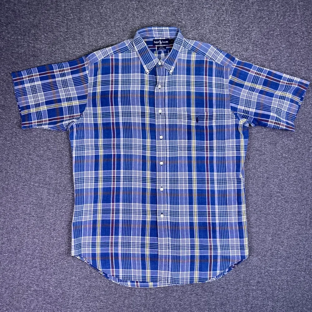 Ralph Lauren Shirt Mens L‎ Blue Plaid Blake Cotton Short Sleeve Classic Casual